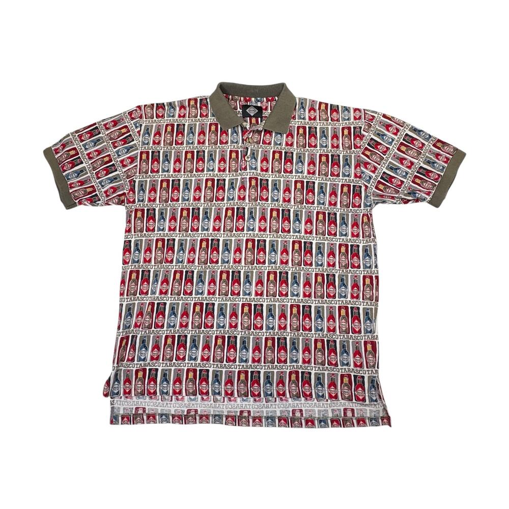 Vintage 90s Tabasco Polo All Over Print AOP Hot Sauce Bottles Men's Large Tan